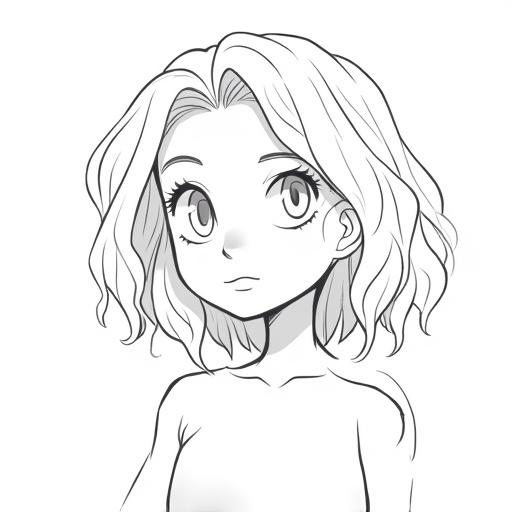 Black and white line drawing of a character with medium-length wavy hair. Character has a slender neck and shoulders. The drawing style is detailed and expressive. Captures texture and flow of hair.