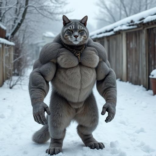 Hyper-realistic photo of a muscular Russian cat with a bodybuilder's physique in a snowy landscape. Cat has bulging shoulders and thick chest and stands in a desolate backyard with icy trees. It has a tough expression and breath visible in cold air. Optional tiny gold chain or bandana. Snow crunches under its paws. Cold light highlights its figure. Emphasize fur texture and muscle definition. Mood is raw and powerful.