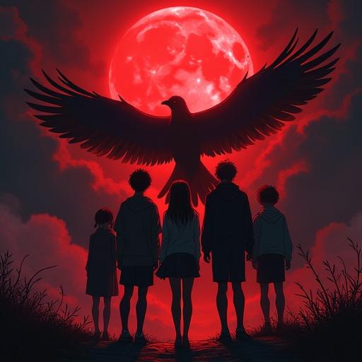 Dark anime style poster featuring four teenagers standing together. Large red bird in the background under a full red moon. Epic atmosphere with dramatic lighting.