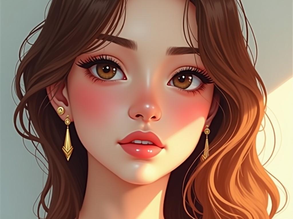 The image features a beautifully illustrated young woman with expressive eyes and delicate features. Her hair is wavy and has a rich brown color, complementing her warm complexion. The soft lighting adds a gentle glow to her skin, highlighting her makeup. She wears elegant earrings that add a touch of sophistication. The overall vibe of the image is youthful and vibrant, appealing to a modern aesthetic.