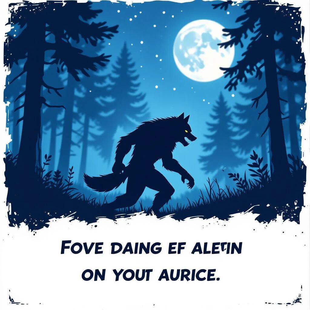 Blurred silhouette of a werewolf. Comic book style. Full moon night. Pine forest background. Mysterious atmosphere.