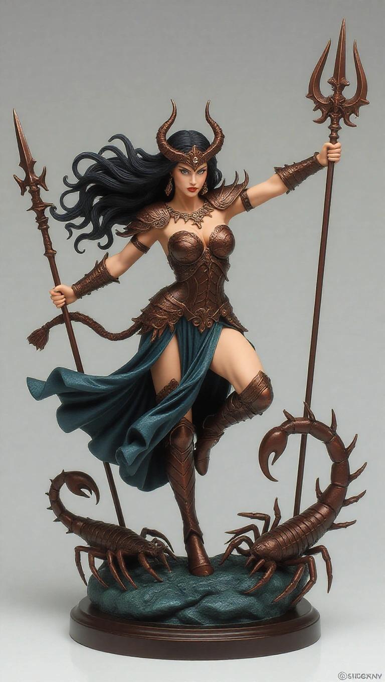 Resin sculpture of a goddess inspired by Scorpio. Elegant human form with long dark hair. Leaps forward aggressively. Fierce expression. Dark armor with scorpion details. Holds a weapon ready to strike. Skirt flows with the wind. Backdrop of cosmic energy. Cinematic style.