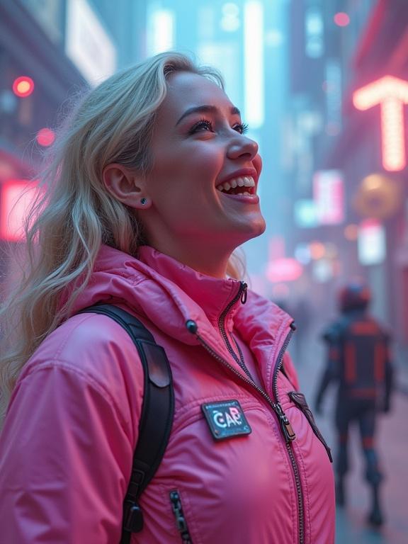 Highly detailed sci-fi cinematic action scene. Young woman in pink spacesuit techwear jacket laughing. Neon lights in urban city. Alien plants and robots in background. Dynamic pose. Close-up shot.