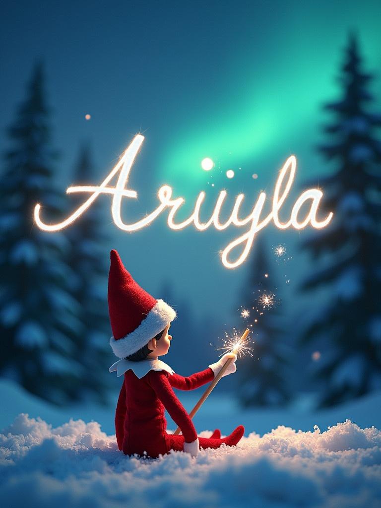 Elf on the shelf sitting in snow with back to viewer. Facing sky with northern lights. Using magic wand to write name in the sky. Winter wonderland with snow and evergreen trees. Name 'Ariella' written in sparkling light. Whimsical and festive atmosphere.