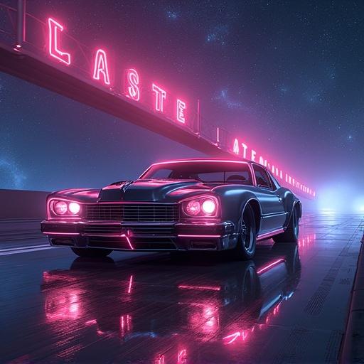 Futuristic album cover featuring a hot rod car with a neon and galaxy vibe. Includes text 'Late At Night'.