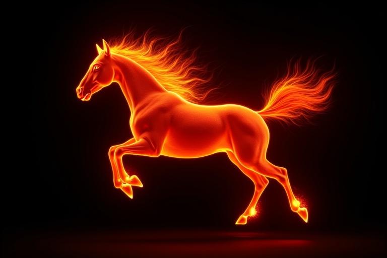 Fiery horse jumping in the air against a black background. Horse appears to be on fire with vibrant flames represented.
