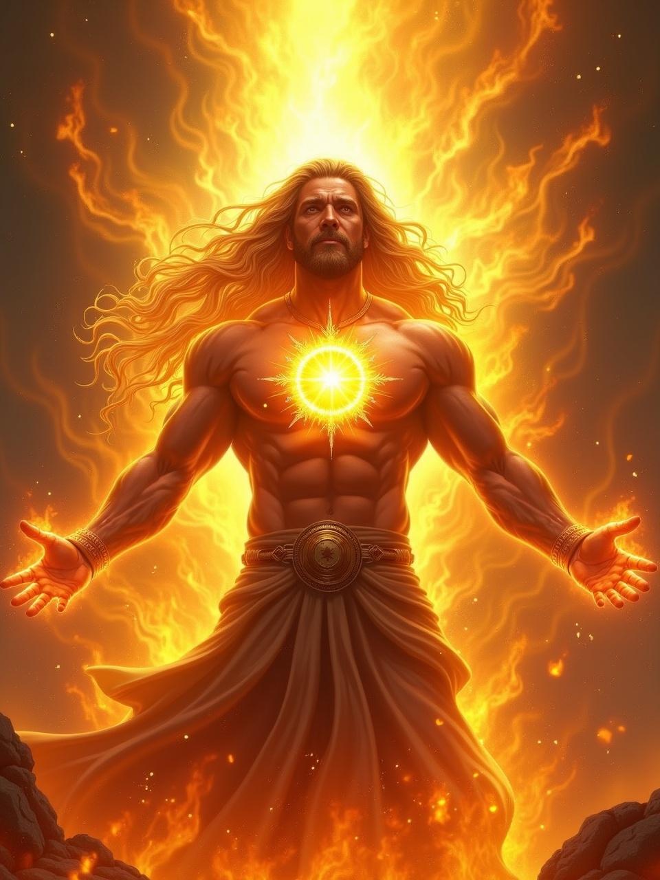 A powerful deity with long flowing hair stands with arms outstretched amidst fiery flames, with a glowing sun symbol on his chest. The entire scene is saturated with warm hues of orange and yellow, radiating energy and power. Detailed muscles and ancient attire suggest a mythological or fantastical theme.