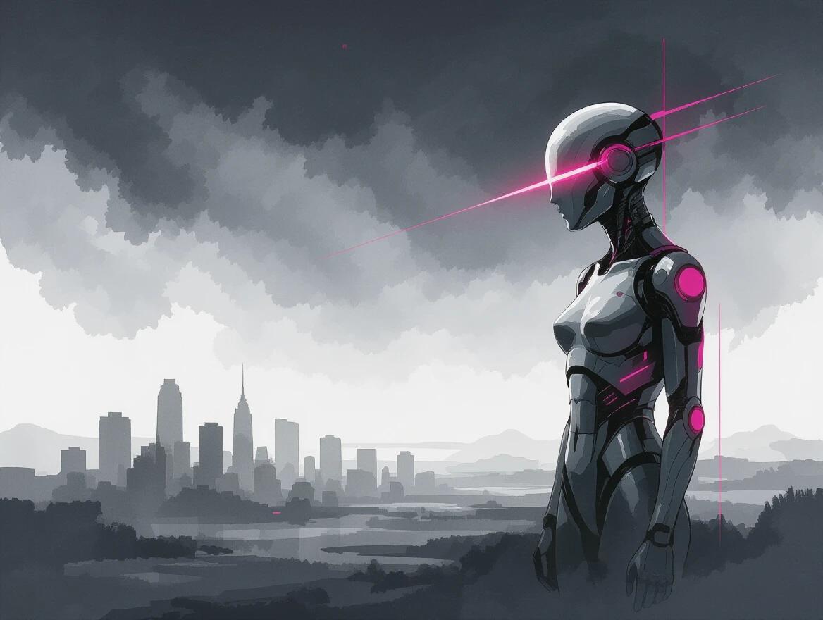 A futuristic human figure stands on the right side of the canvas. The figure has pink neon accents and is drawn in dynamic ink wash with soft textures. The background features a misty skyline silhouette under a cloudy sky. The composition follows the rule of thirds.