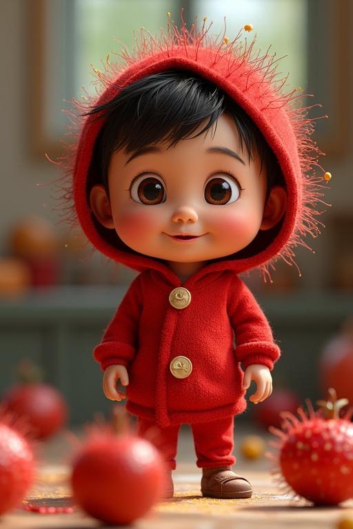 3D animation featuring a baby character. Baby wears a rambutan fruit costume. Costume appears fluffy with a hood. Child smiles happily amid colorful surroundings.
