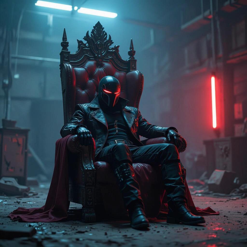 Portrait scene in a crumbling tech warehouse. Impressive throne stands in the dark. A dark masked figure lounges with a leather cyberpunk jacket. Ambient red and blue lighting casts striking shadows.