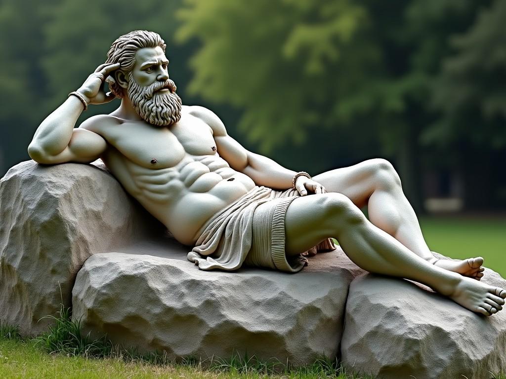 The image features a beautifully crafted marble sculpture of a muscular man lounging on a large rock. He has a thick beard and well-defined muscles, giving him an air of power and serenity. The sculpture is set in a natural outdoor environment with blurred greenery in the background. Soft, natural light enhances the intricate details of the statue. The overall scene evokes a sense of calm and strength, merging art with nature.