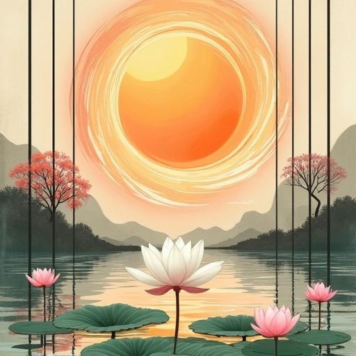 Japandi-style art featuring a serene sunset over a tranquil water body. Central white lotus flower with green lily pads. Dynamic swirls of warm hues in the sky. Reflection of sunset on calm water. Background features soft clouds and distant trees, with additional pink lotus flowers. Evokes natural beauty and tranquility.