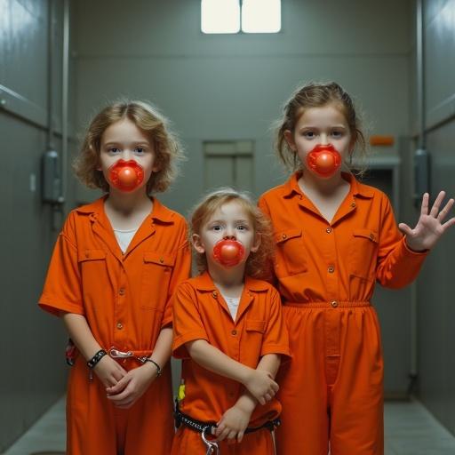 Three children wearing orange jail jumpsuits and handcuffs stand together. They hold oversized pacifiers in their mouths. Children wave goodbye to their mother. Their mother is off to the side as guards lock them in a cell.