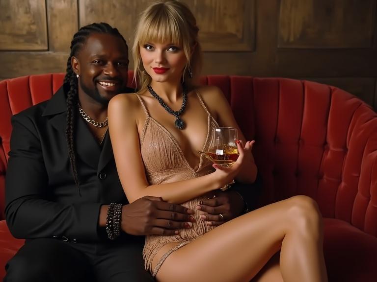 Couple sitting on a couch. Woman holding a glass of whiskey. Elegant outfit with fringe details. Smiling and looking at the viewer. Warm lighting and inviting atmosphere. Bird's eye perspective.