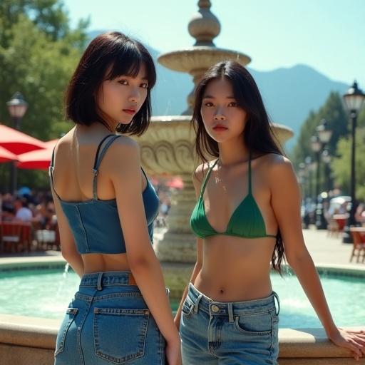 Two young women in a city park setting with a fountain. One has short black hair in a blue leather top with denim skirt. The other has long wavy hair in a green bikini top with shabby jeans. Background includes trees, cafes, and mountains.