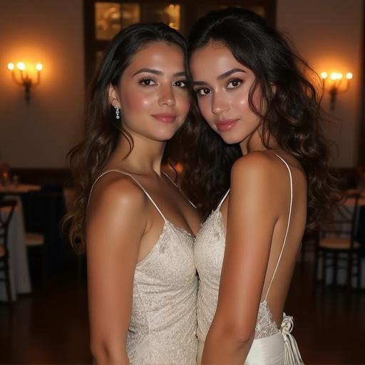A high school couple posed elegantly for a formal dance photo. The female wears an ivory cocktail dress with spaghetti straps. Both individuals showcase a stylish and warm demeanor in a beautifully lit setting.