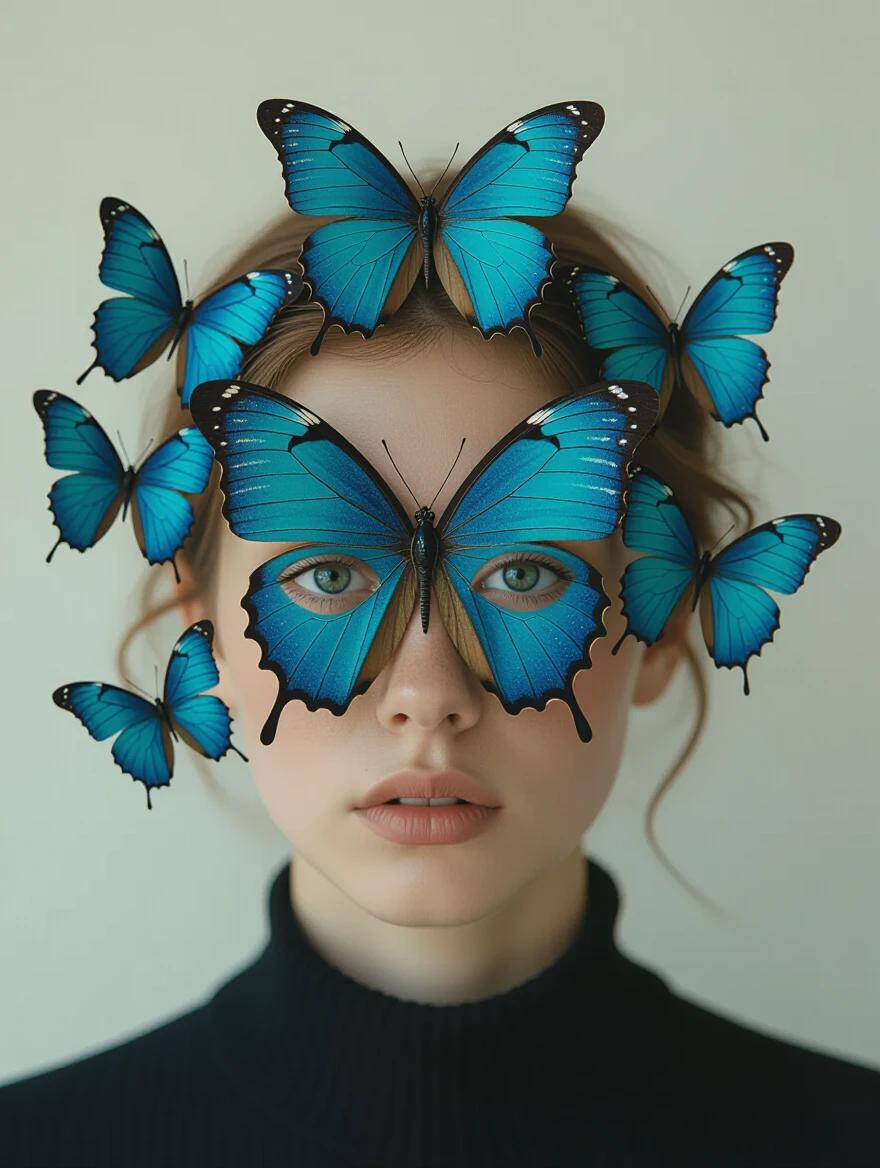 Close-up of surreal butterflies with small human eyes on their wings. Butterflies flying around a person's head. Image represents lies watching you. Unsettling and symbolic.