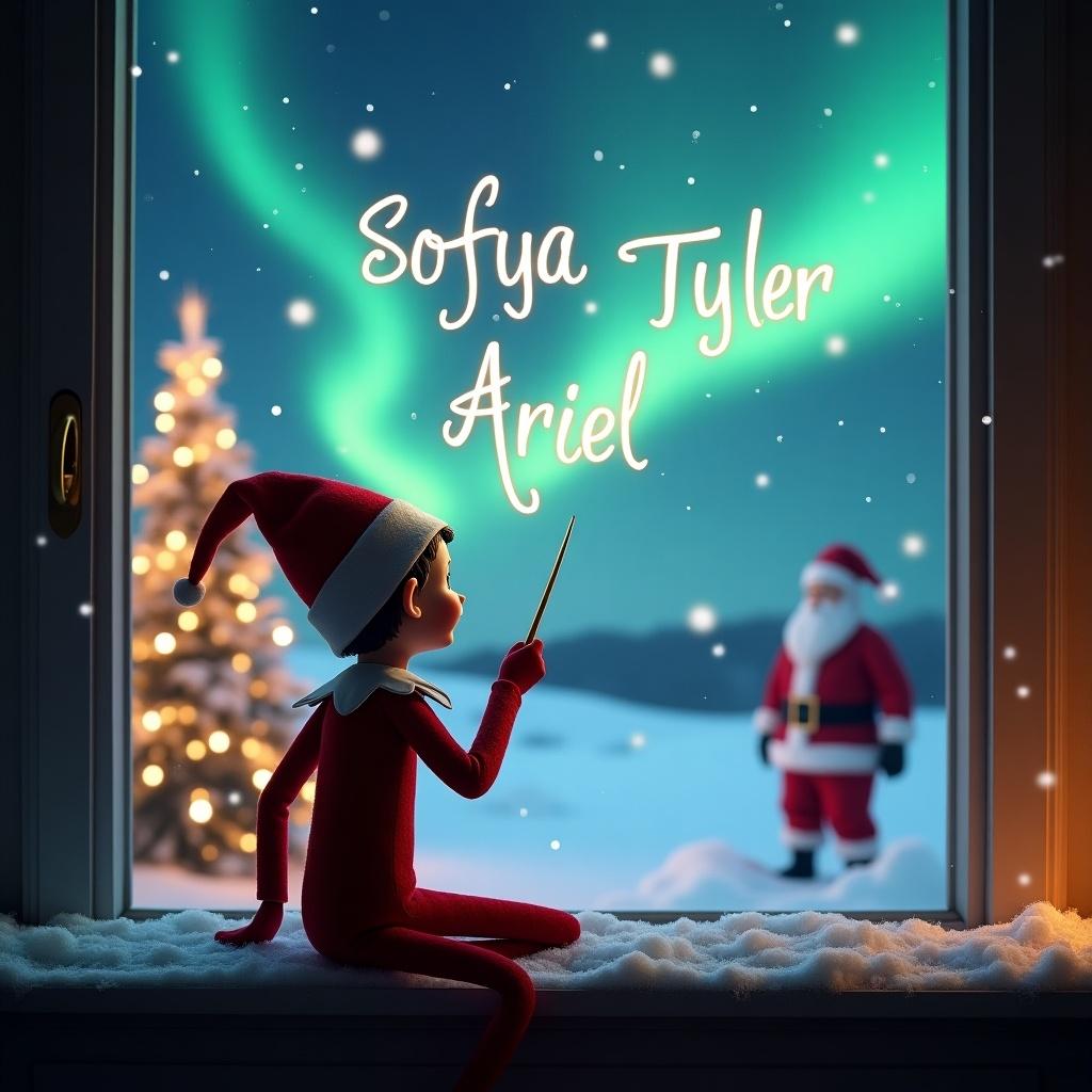 An enchanting Christmas scene features an elf on the shelf with his back to the viewer, gazing up at a magical sky. The elf is using a wand to elegantly write the names 'Sofya' and 'Tyler' and 'Ariel' in the air. In the background, the landscape is illuminated by beautiful northern lights and adorned with a Christmas tree sparkling with lights. Santa Claus is visible in the distance, creating a whimsical and festive atmosphere. Snow gently covers the window ledge, adding to the cozy feel of the scene.