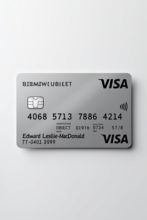 Realistic image of a credit card. Card prominently features the Visa logo. Card number displayed clearly. Name aligned under the logo. Expiration date visible. Clean and silver background with bold black font.