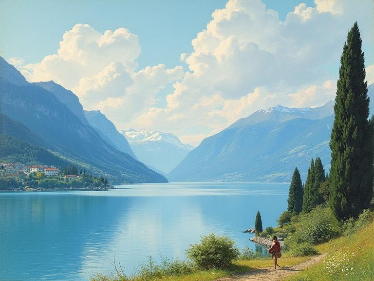 A picturesque view of Lake Geneva with mountains in the background. A pathway leads along the lake edge. A solitary figure walks peacefully. The sky is clear with fluffy clouds. Lush greenery frames the scene.