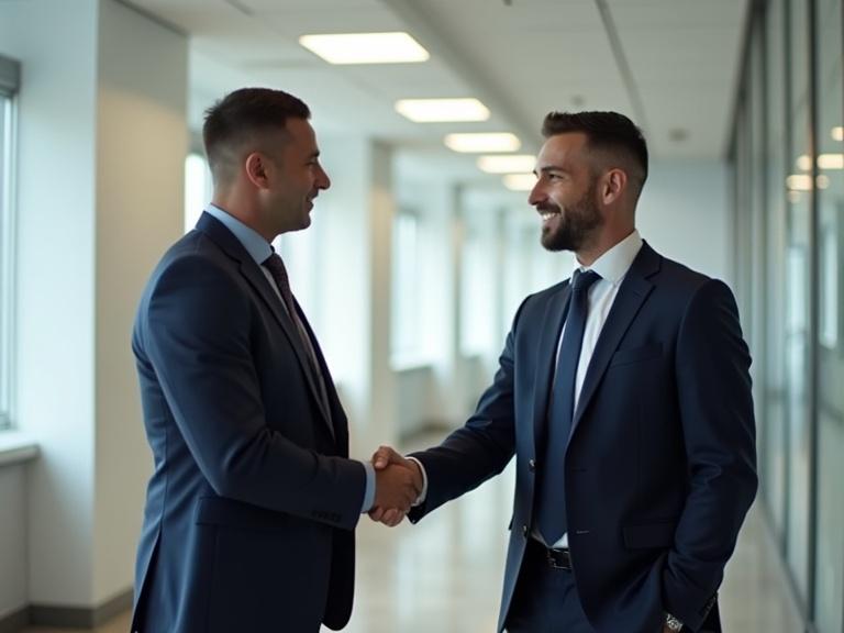 Two businessmen in suits shaking hands in a contemporary office environment. Modern office space with large windows and bright lighting. The focus is on their friendly interaction.