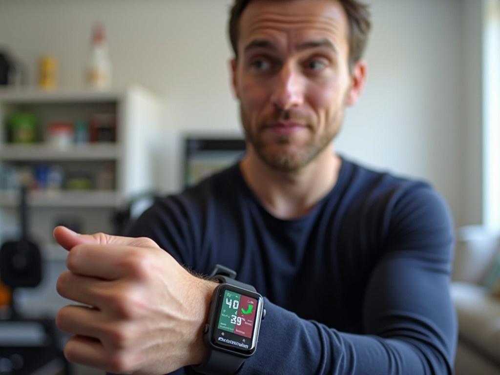 A person is holding their wrist out to show a digital watch. The watch has a colorful display showing various metrics, perhaps related to fitness like heart rate or steps. The individual is wearing a navy blue long-sleeve shirt, looking slightly to the side with a neutral expression. In the background, there are household items and equipment, indicating a casual indoor space. The lighting is bright, creating a modern, clean atmosphere.