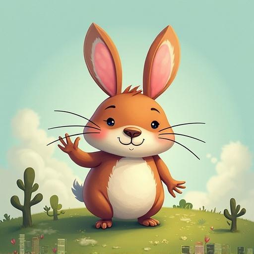 Cartoon style rabbit with big ears. Rabbit is smiling and waving. Light blue sky and soft green grass. Bright, cheerful atmosphere.