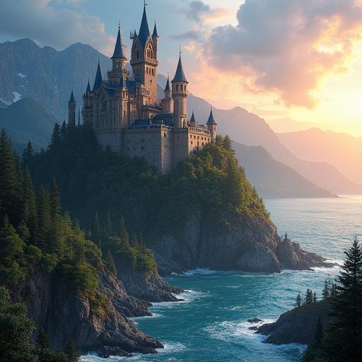 Majestic fantasy castle situated on hill surrounded by mountains and water. Sunrise creates stunning light across the landscape. Forested area leads to rocky coastline. Wooden huts and natural beauty exist in harmony.