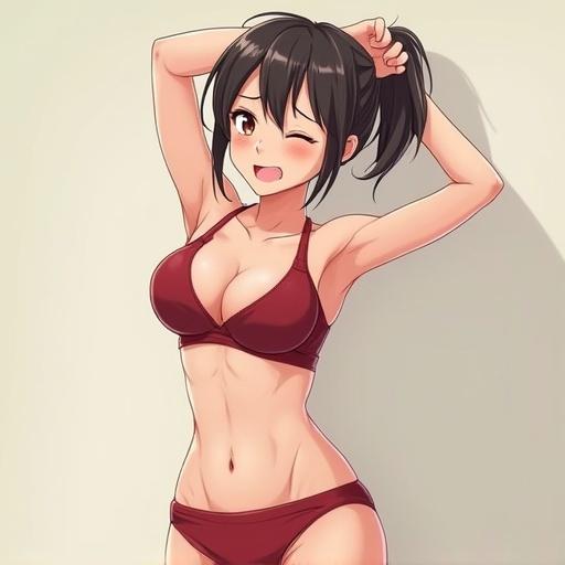 Young woman stretching in anime style. Wearing a push-up bra and shorts. Wincing from the stretch. Bright colors. Youthful appearance.