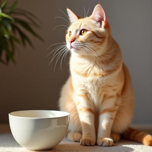 Peach-colored cat sits next to an empty bowl with a thoughtful expression in a well-lit indoor setting.