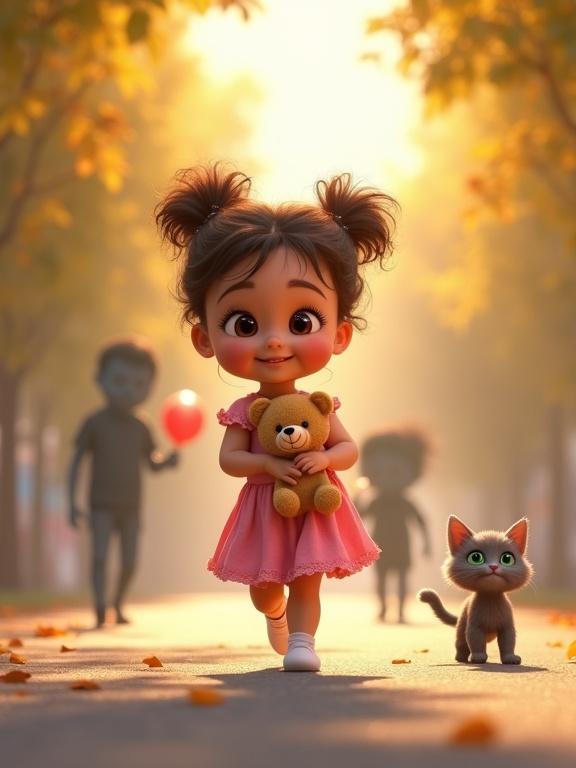 A young girl joyfully walks down a sunny peaceful street. She carries a teddy bear and has curly brown hair. Behind her are shadowy adult figures. One figure holds a red balloon while another has candy. A small gray kitten watches from the side. The scene conveys brightness and cheerfulness.