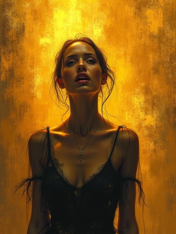 A stunning see-through portrait captures a figure amidst a warm, glowing background. The subject displays deep disappointment and astonishment. Textures blend amber and gold hues, creating a mesmerizing quality. The background features abstract movements enhancing the surreal vibe.