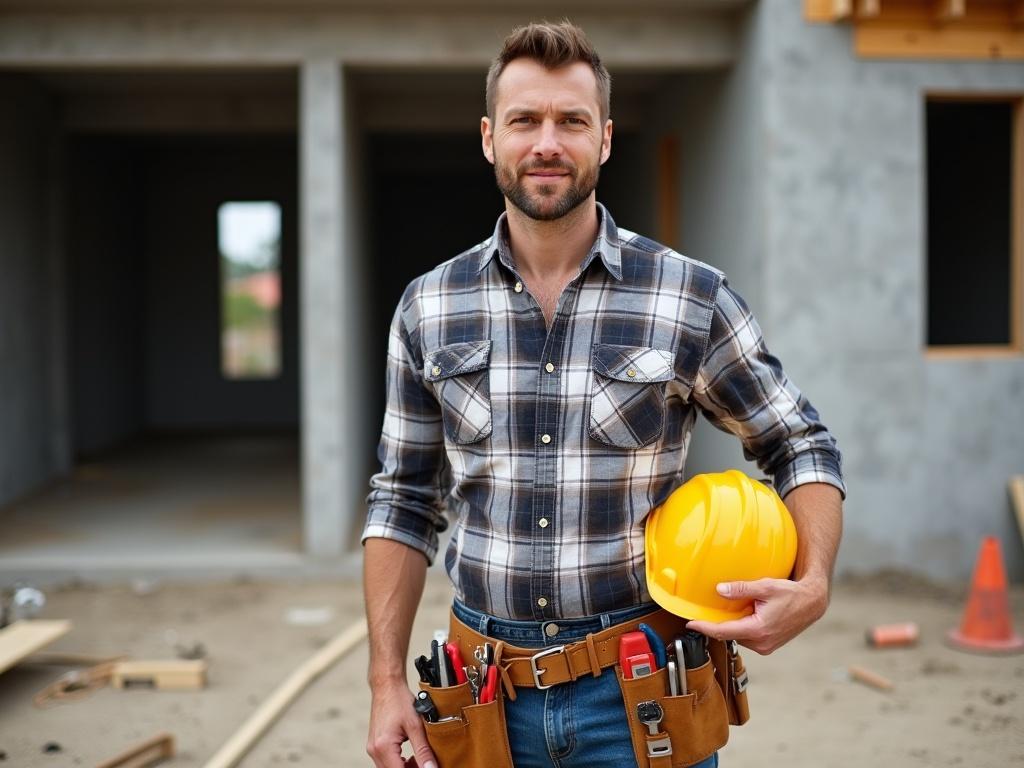 A construction worker stands in front of a partially built structure. He is wearing a plaid shirt and has a tool belt filled with various tools like pliers and a wrench. In his hand, he holds a bright yellow hard hat. The background shows materials and equipment of a construction site, adding to the industrious atmosphere. The worker's stance is confident, conveying a sense of readiness and professionalism.