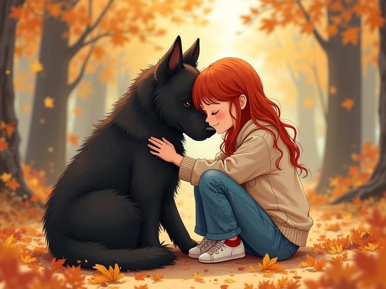Young red-haired girl in cozy sweater and jeans sitting on forest floor surrounded by autumn leaves. Sharing tender moment with large shaggy black dog. Image styled in whimsical Anime aesthetic with vibrant colors and delicate lines. Warmth and intimacy of Japanese Manga Key Visual inspired by Fantia with a soothing watercolor texture.