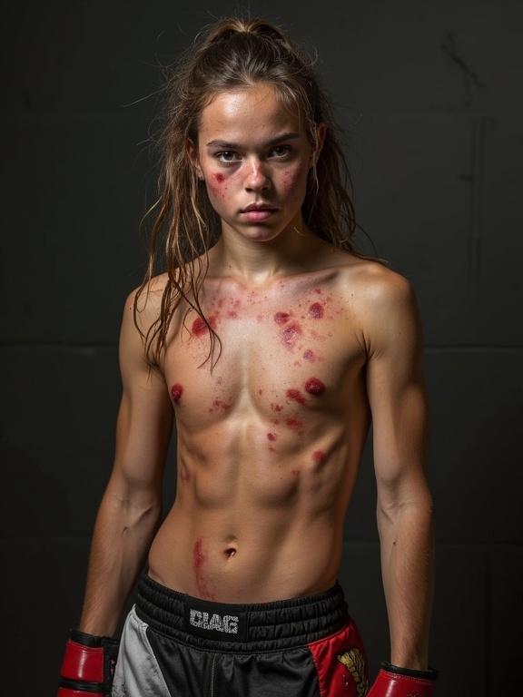 A young female Thai boxer stands confidently with visible abs. Body shows signs of bruising and sweat. Hair appears untidy and dirty.