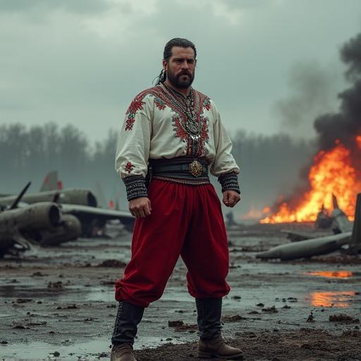 Mighty Cossack stands amidst war-torn airfield. He wears traditional Ukrainian attire. His vyshyvanka features geometric motifs and floral designs. His red sharovary are tucked into high leather boots. A dark belt with a brass buckle cinches his waist. The backdrop shows burning aircraft and thick smoke. Cossack's pose radiates power. His hair is tied and he wears a silver chain. The sky is gray with debris scattered around.
