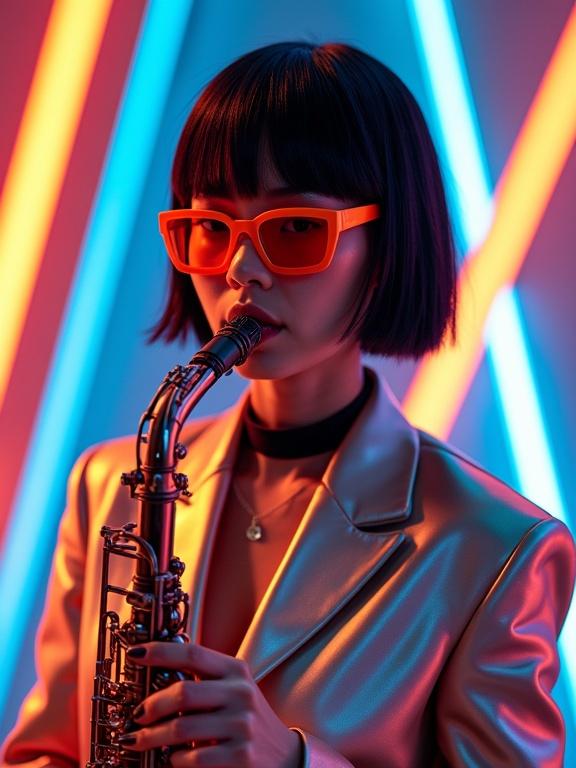 Vibrant futuristic portrait featuring woman playing saxophone. Modern dynamic style. Bold colors and reflective surfaces. Subject has sleek black hair and light skin. Bright orange angular sunglasses. Shiny metallic suit reflects neon lights. Background has intersecting neon lines in blue and orange. Prominent saxophone catching light.