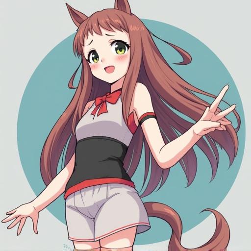 Anime character with long hair and playful expression. Dressed in sportswear. Features cat-like ears and a tail. Standing in a cheerful pose against a circular background.