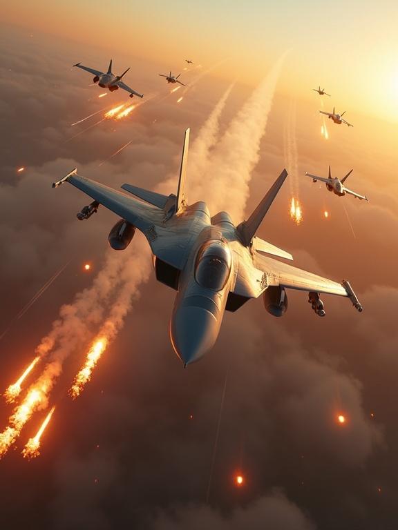 A cinematic scene shows a modern fighter jet soaring through the sky at high speed. The jet is sleek and agile and leaves vapor trails while performing sharp evasive maneuvers. Intense anti-aircraft fire and surface-to-air missiles are launched from the ground. Explosions light up the sky and tracer rounds appear. The jet skillfully dodges missiles with barrel rolls, high-G turns, and flares. The camera follows from multiple angles with wide battlefield shots and close-ups of the jet. Dramatic slow-motion shows explosions erupting near the aircraft. The atmosphere is tense with dramatic lighting and smoke-filled skies.