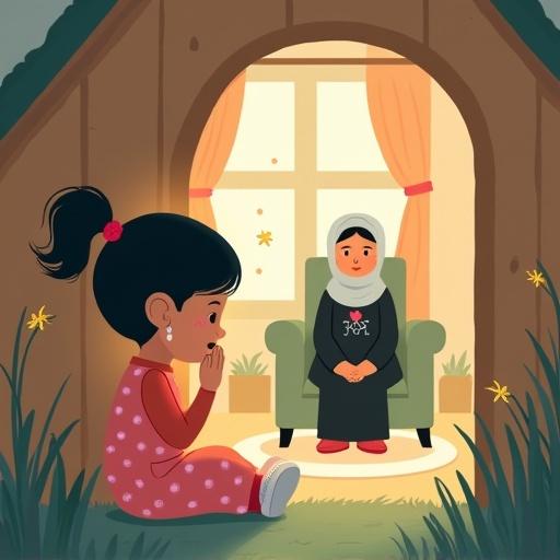 Flat-style illustration of a young girl named Layla looking down beside a small wooden house. She has a ponytail, wears a pink dress, and is wiping a tear. In the background is a glowing version of her room with her grandmother sitting peacefully in a chair.