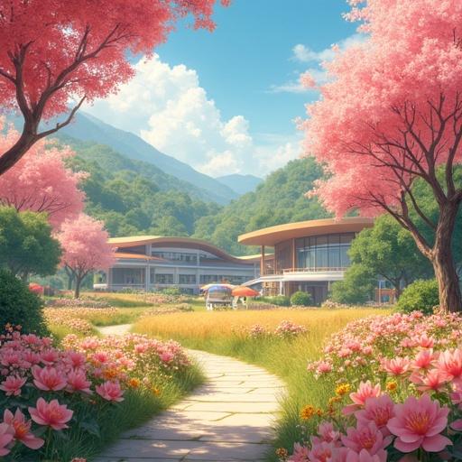 Anime setting during summer in a semi futuristic farming village. Features red cherry blossoms and modern buildings. Morning light creates a serene atmosphere.