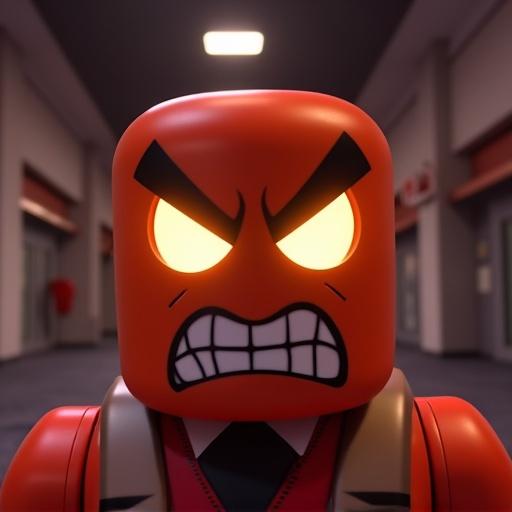 Angry character face in Roblox mm2 lobby setting. Focus on features of character head. Bright colors dominate scene with close-up perspective.