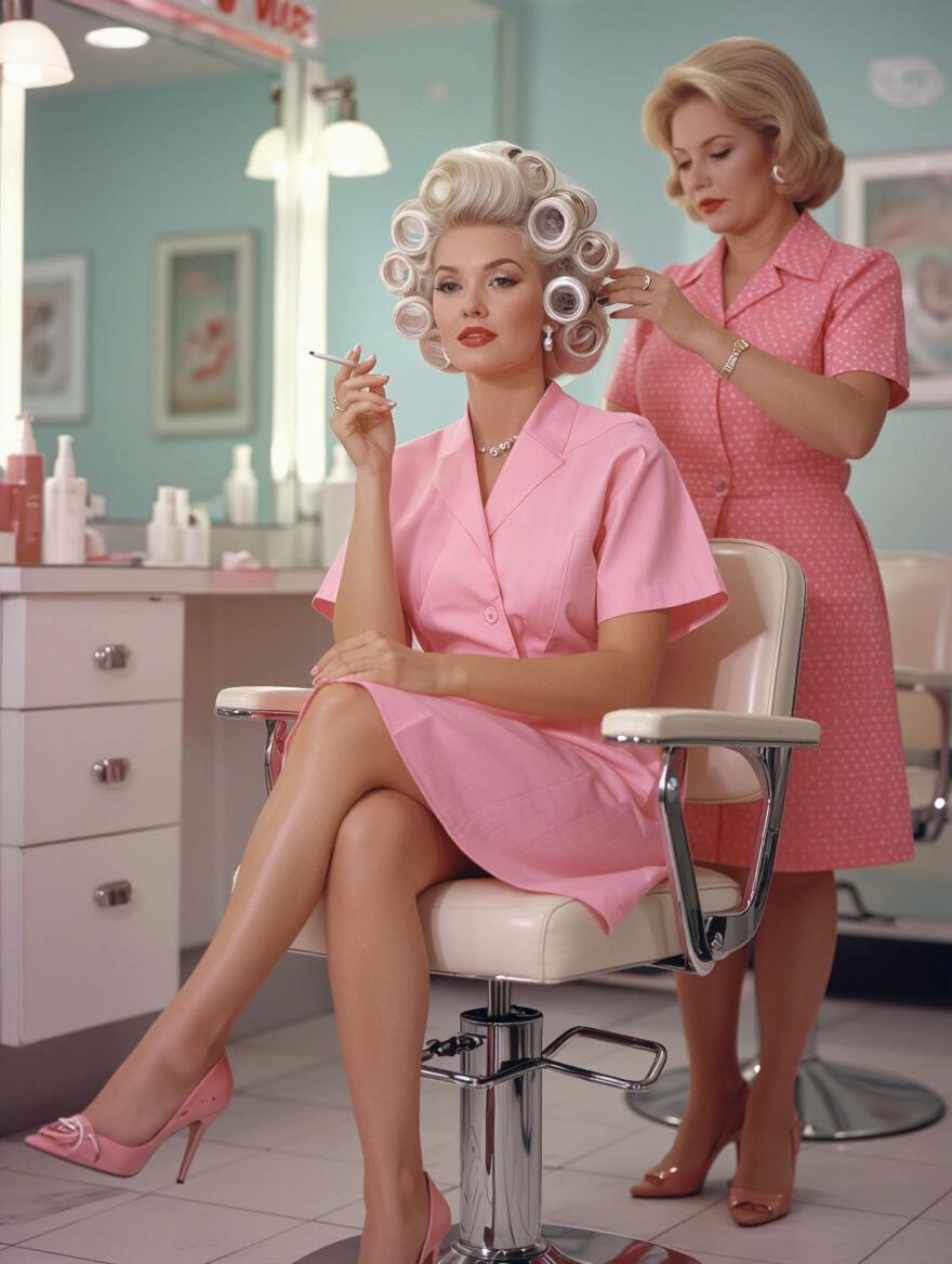 A stunning portrait of a 1960s woman with platinum blonde hair and curlers. She holds a cigarette. Wears a pink smock over a business dress. Sits in a retro beauty parlor. An older woman styles her hair. Elegant decor sets the scene. High heels enhance her look.