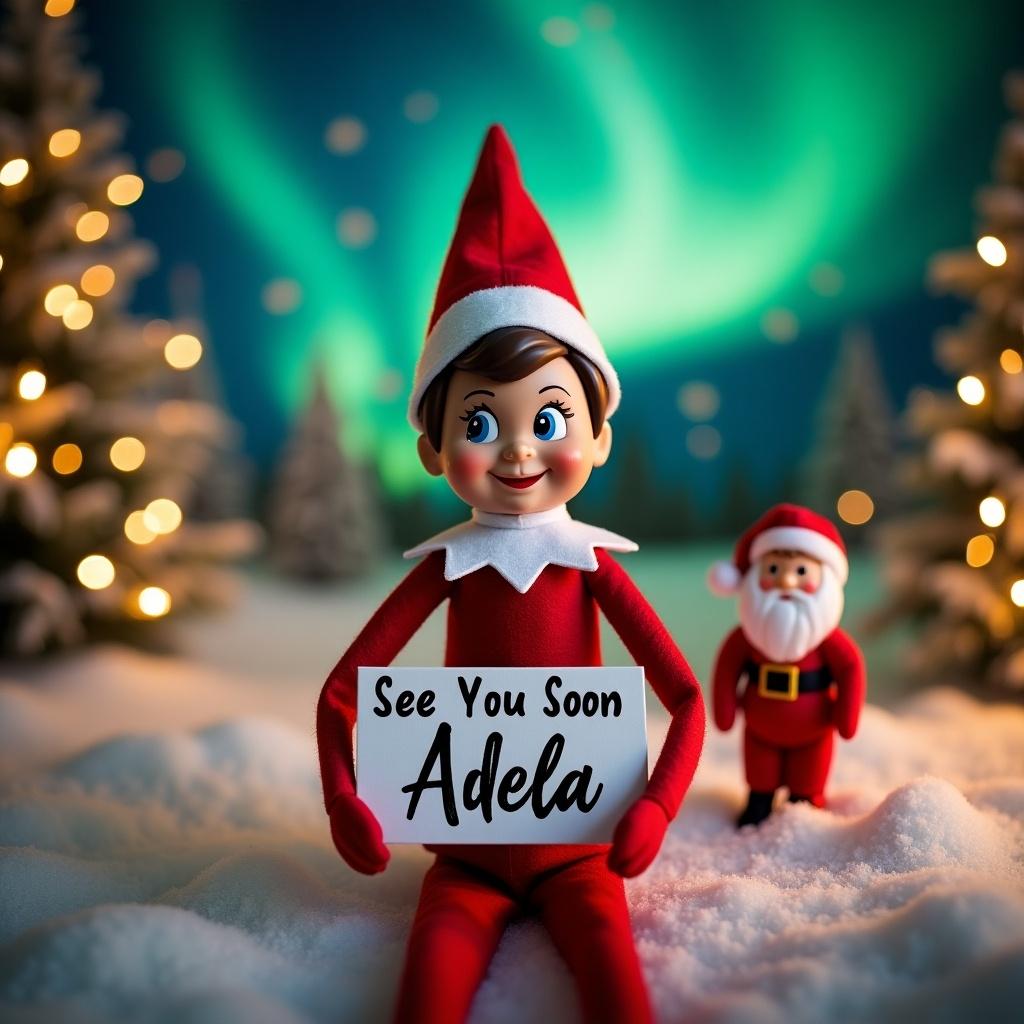 The image depicts an Elf on the Shelf character happily holding a sign that says 'See You Soon Adela'. The elf is clad in classic Christmas colors, set against a delightful background of twinkling lights and snowy trees. Magical northern lights enhance the scene, creating an enchanting atmosphere. Next to the elf, a jolly Santa figure contributes to the overall festive mood. This imagery beautifully captures the anticipation and warmth of the holiday season.