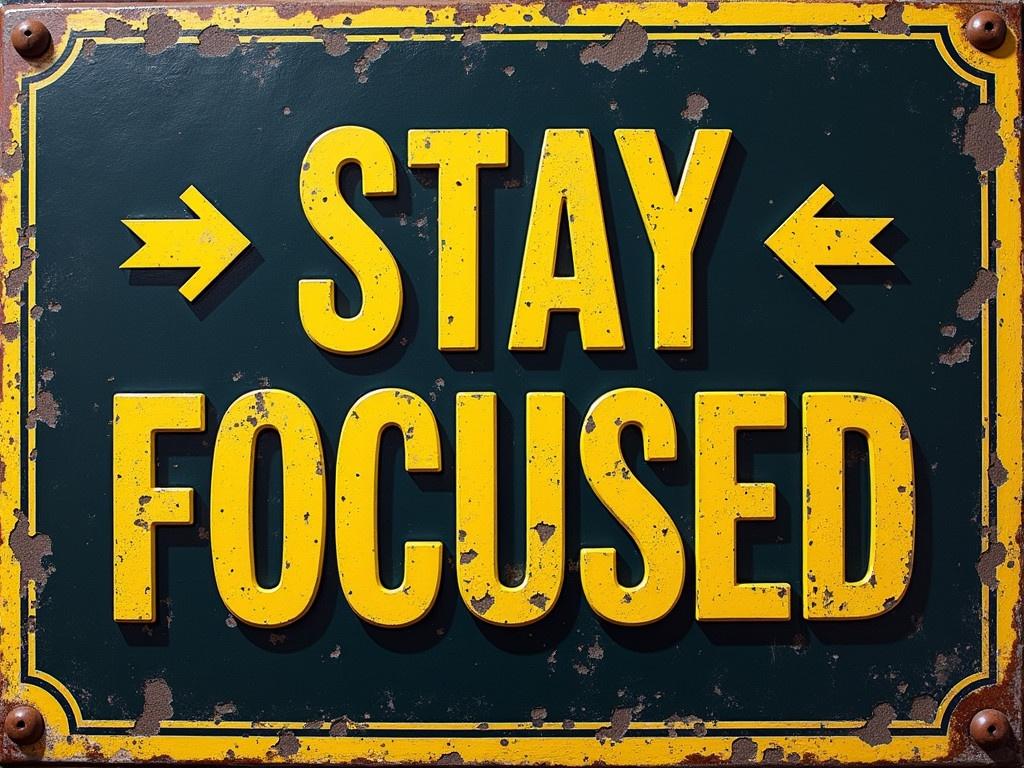 Create a sign that prominently features the text "STAY FOCUSED". The text should be in large, bold letters that demand attention. Use a bright color like yellow to make the words stand out against a contrasting dark background. Incorporate arrows on both sides pointing towards the phrase, as if directing attention towards a goal. The overall design should have a weathered, vintage look to add character.