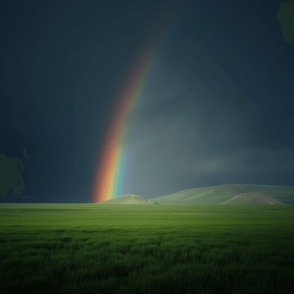 A vibrant rainbow arcs over a lush green field against a dark, brooding sky.