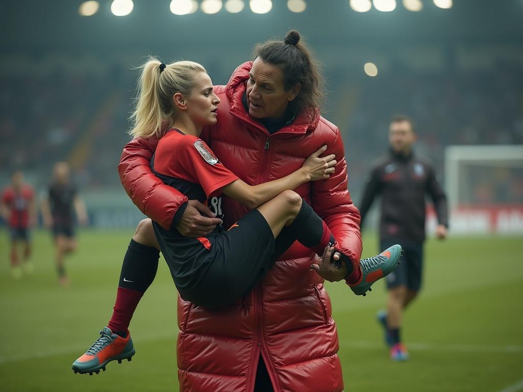 Elderly darkhaired gypsy lady in shiny puffer coat carries unconscious tall blond soccer player in a shortsleeved outfit. Soccer field in background with dramatic atmosphere. Expressions of horror and outrage are evident.