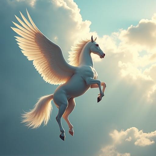 Create a view of a pegasus flying with a top view perspective highlighting the wings and head.