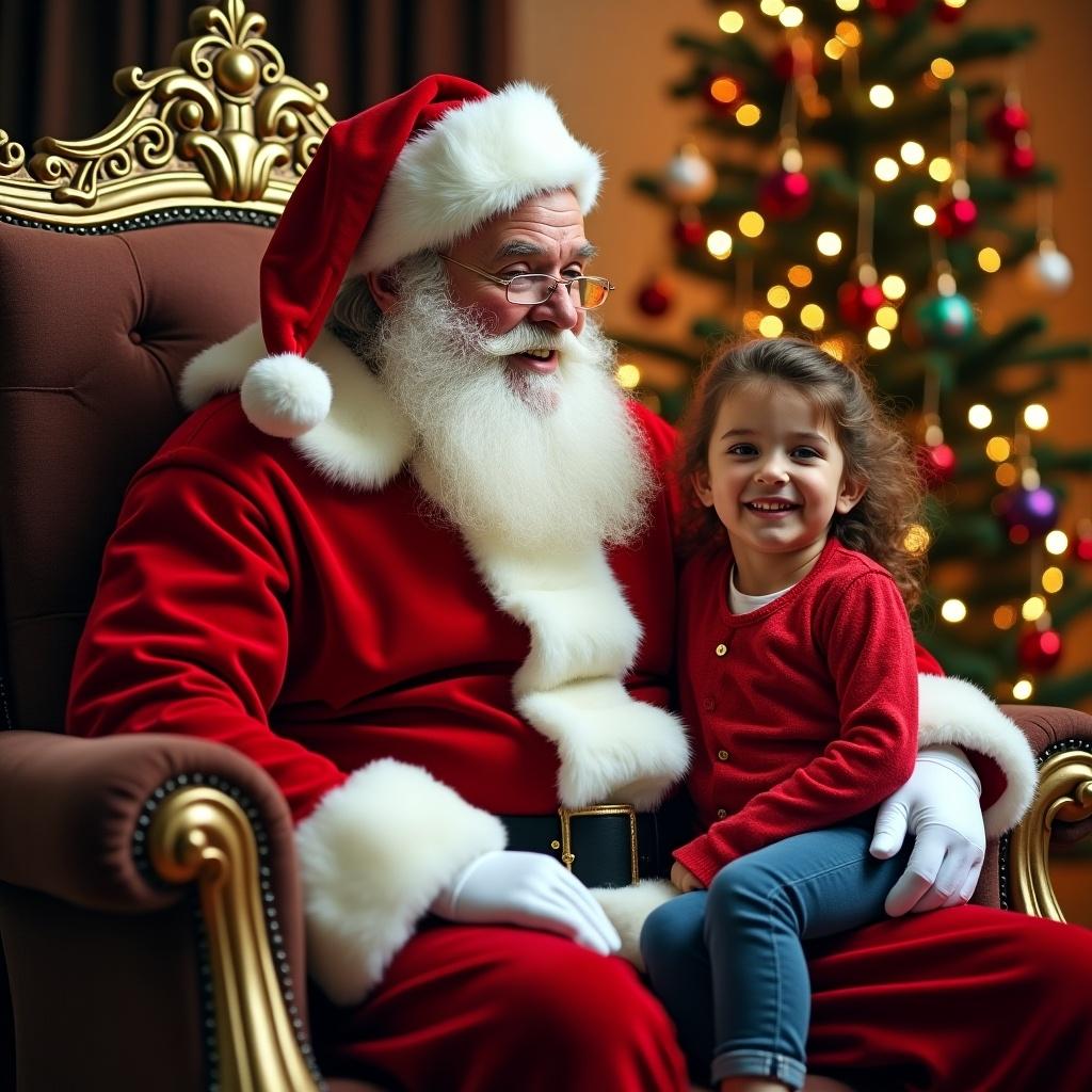 Photo realistic Santa Claus in traditional red suit with white trim, seated on a throne. Child sat on his knee smiling. Christmas ornaments in the background with a decorated Christmas tree. Scene captures the cheerful holiday atmosphere, ideal for Christmas celebrations.