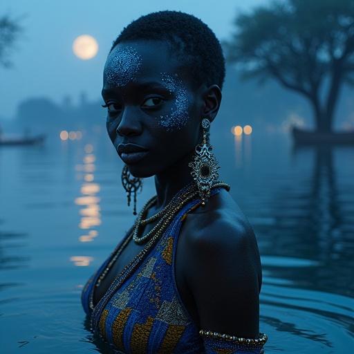 A captivating West African water spirit stands in a moonlit lagoon. She has deep blue-black skin with sacred tribal markings in white clay. Her eyes glow with silver. She wears vibrant aquatic jewelry and a translucent wrapper gown. The background features Baobab trees and glowing Adinkra symbols. The mood is serene and mystical. Focus on the intricate earrings while immersed in soft lighting.